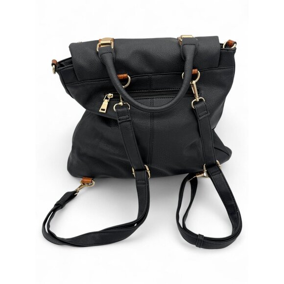Black Faux Leather Convertible Backpack With Brown Accents & Gold Hardware - Picture 2 of 4